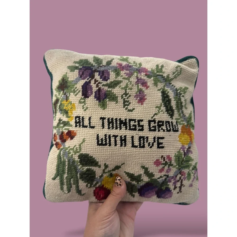Vintage Needlepoint Floral Pillow All Things Grow With Love Green Velvet 9x9